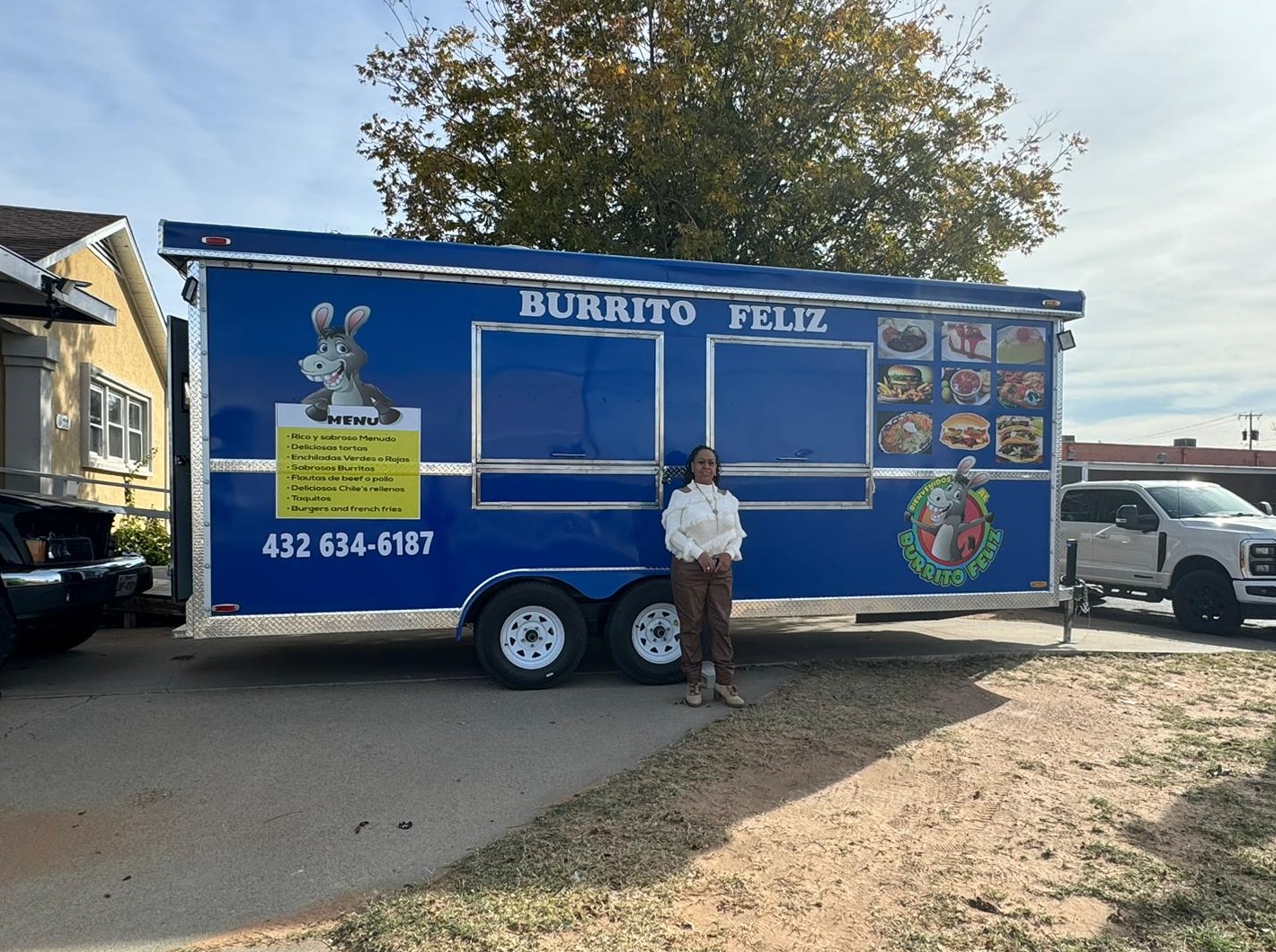 Burrito Feliz food trailer set up and open for business